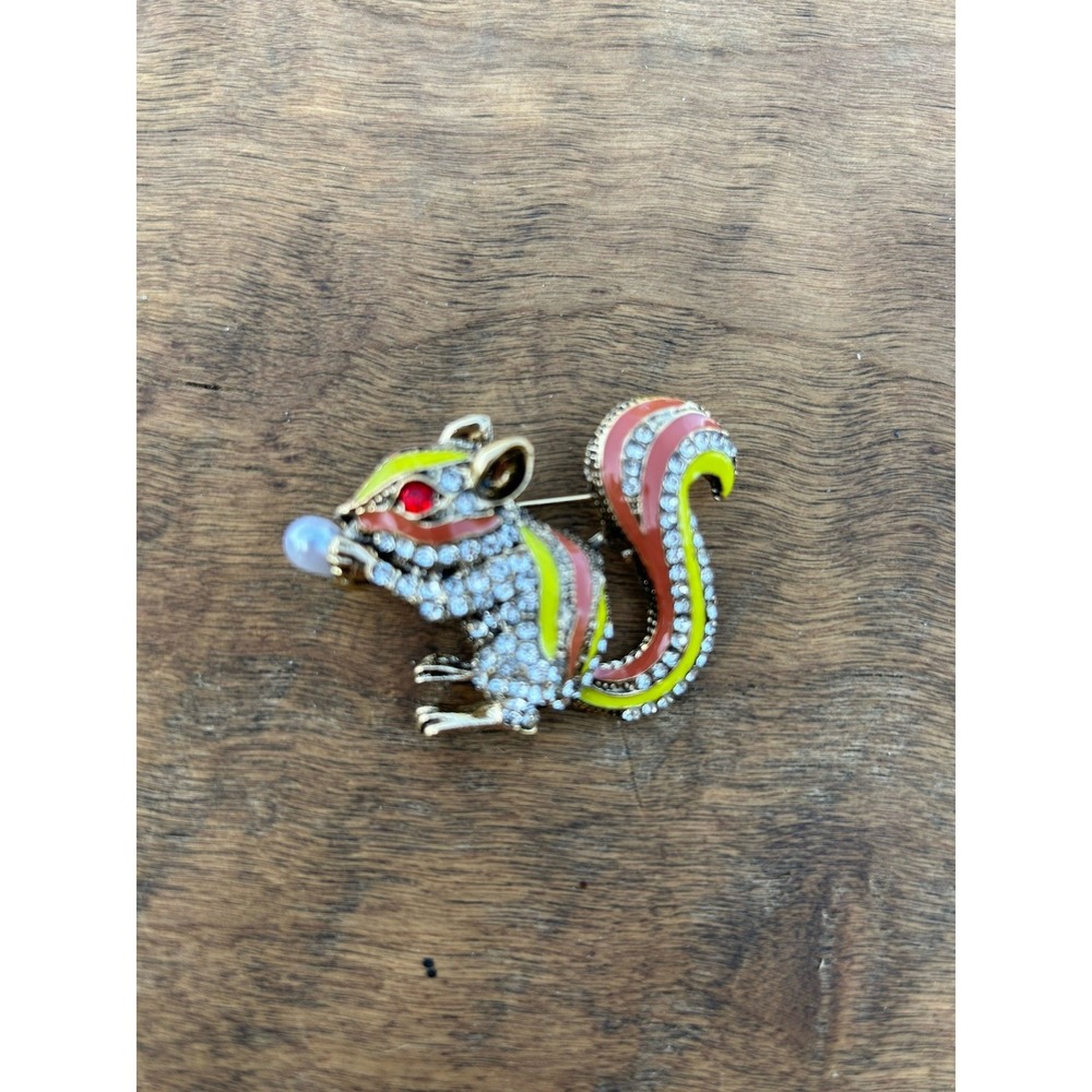 Rhinestone Enamel Chipmunk Brooch Gold Tone Multicolor Animal Statement Pin